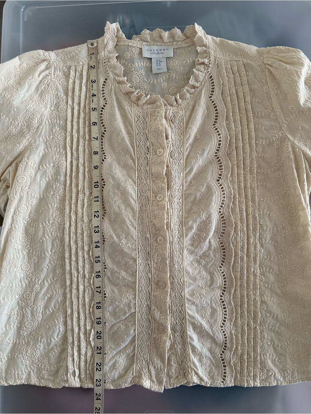 Calypso St. Barth Button Down Blouse Floral Embroidered Cream Cotton M Victorian - Picture 5 of 9